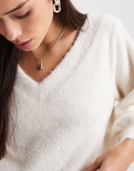 Miss Selfridge fluffy off the shoulder slouchy sweat in cream, 2 of 4