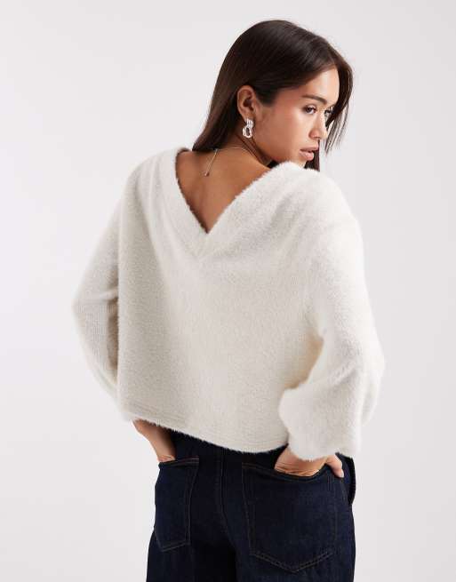 Miss Selfridge fluffy off the shoulder slouchy sweat in cream, 3 of 4