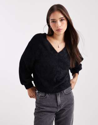 Miss Selfridge Fluffy Off-the-shoulder Slouchy Sweater In Black