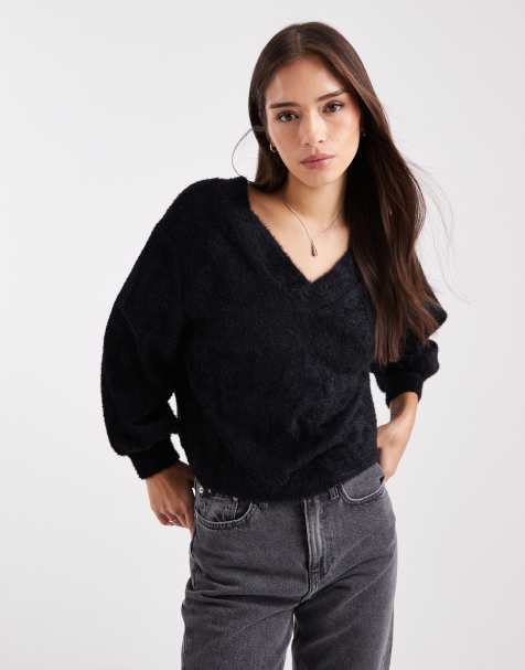 Miss Selfridge fluffy off-the-shoulder slouchy sweater in black - view 1
