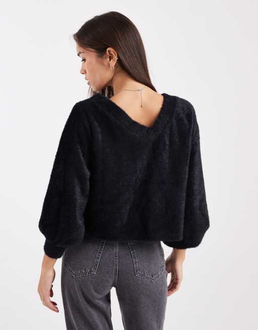 Miss Selfridge fluffy off-the-shoulder slouchy sweater in black, 4 of 4