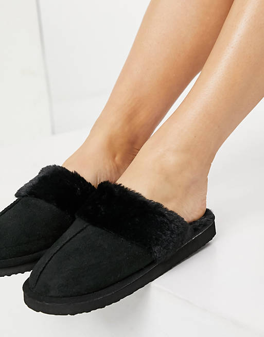 Miss Selfridge fluffy slippers in black | ASOS