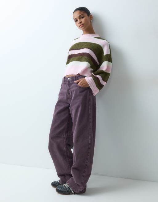 Miss Selfridge fluffy stribet løs striktrøje i lyserød og khaki, 2 af 4