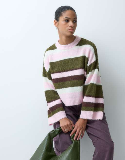 Miss Selfridge fluffy stripe slouchy sweater in soft pink and khaki, 3 of 4