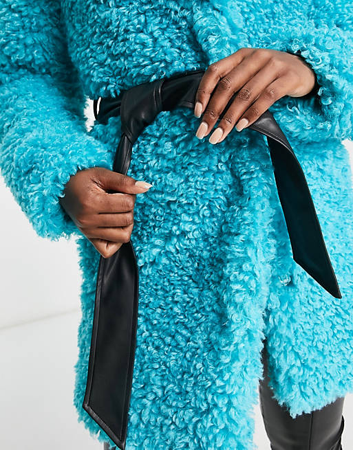 Miss Selfridge fluffy teddy faux leather wrap coat in bright blue | ASOS