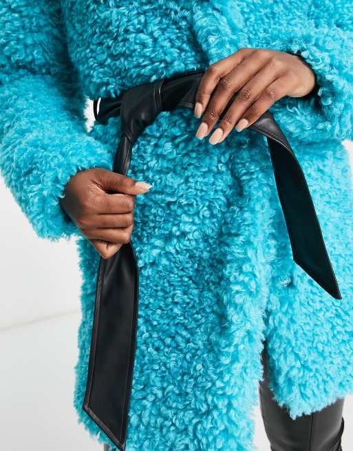 Miss Selfridge fluffy teddy faux ASOS | bright blue in wrap coat leather