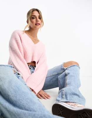 Miss Selfridge fluffy V neck slouchy crop jumper in cosmetic pink