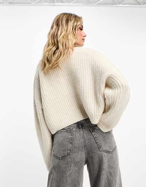 Miss Selfridge fluffy V neck slouchy crop sweater in oatmeal, 4 of 4