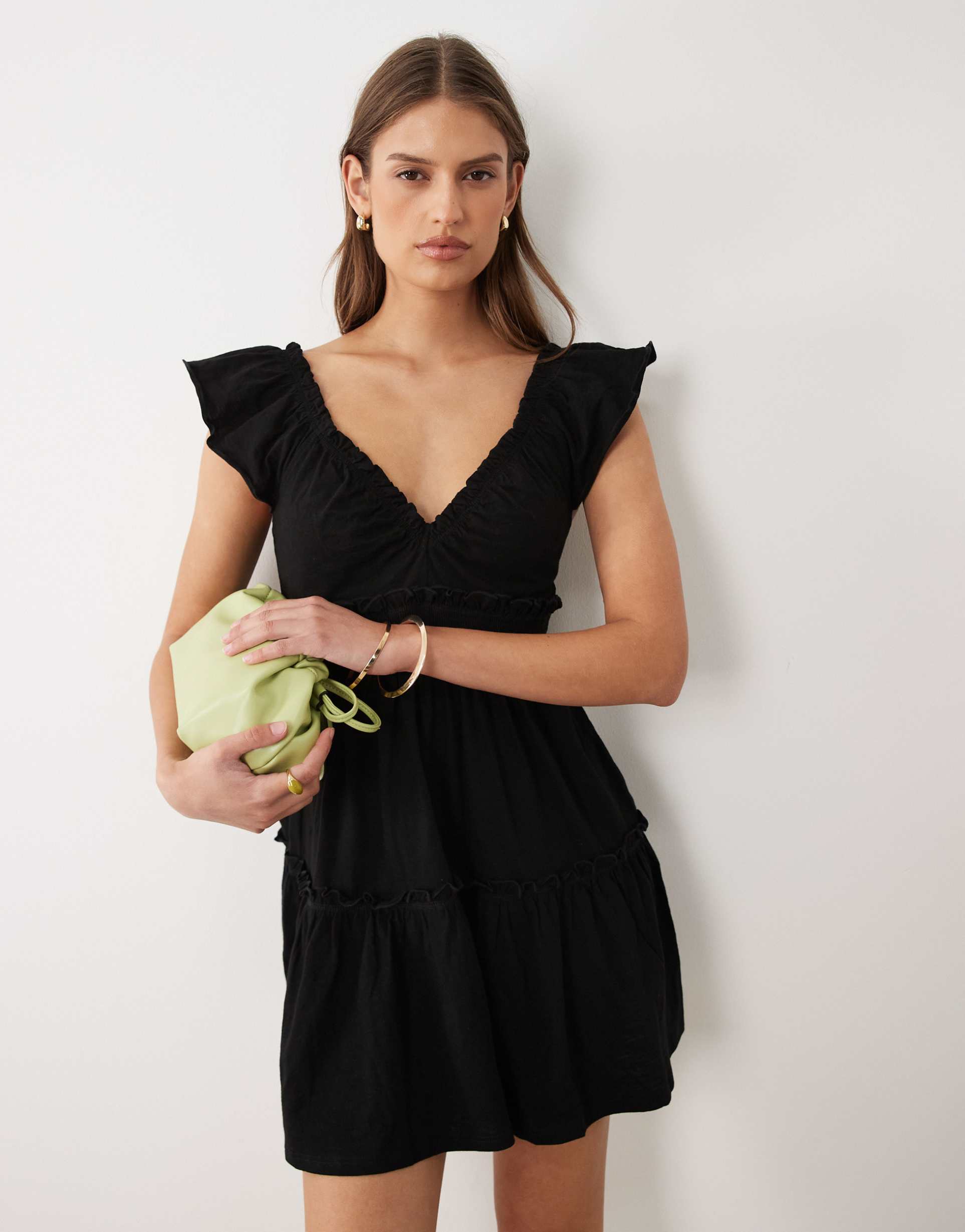 miss selfridge flutter sleeve smock dress in black