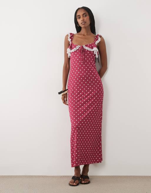 Miss Selfridge flutter strap cami maxi dress in polka dot, 2 of 4