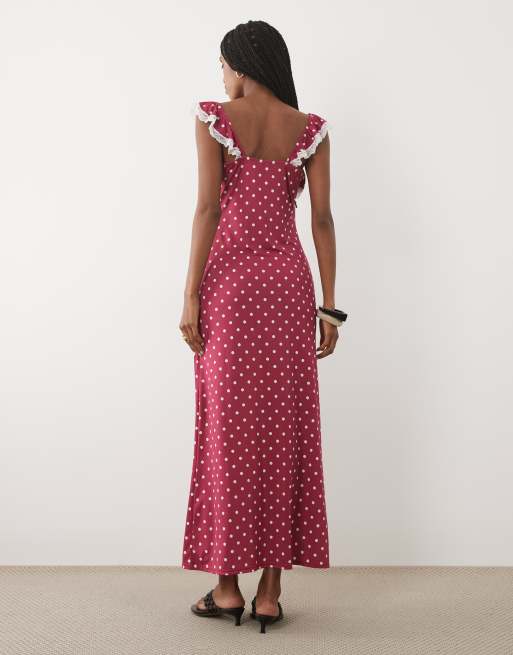 Miss Selfridge flutter strap cami maxi dress in polka dot, 4 of 4