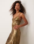 [Miss Selfridge] Miss Selfridge foil strappy maxi dress-Gold 10 Dark gold