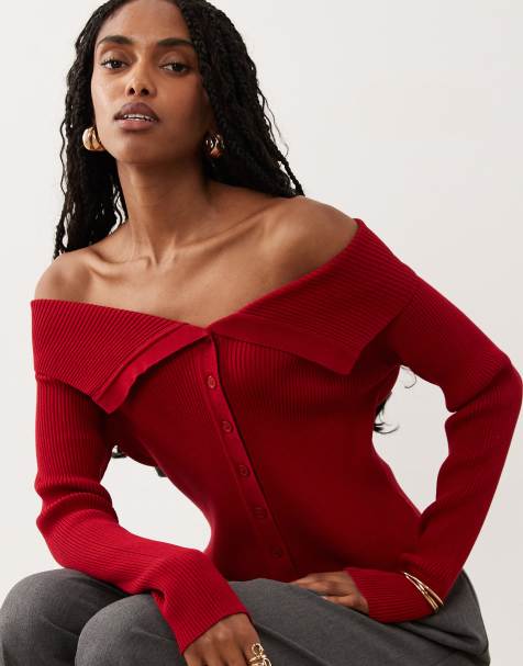 Miss Selfridge fold over bardot kitted rib top in red - view 1