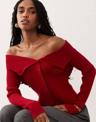 Miss Selfridge fold over bardot knit rib top in red