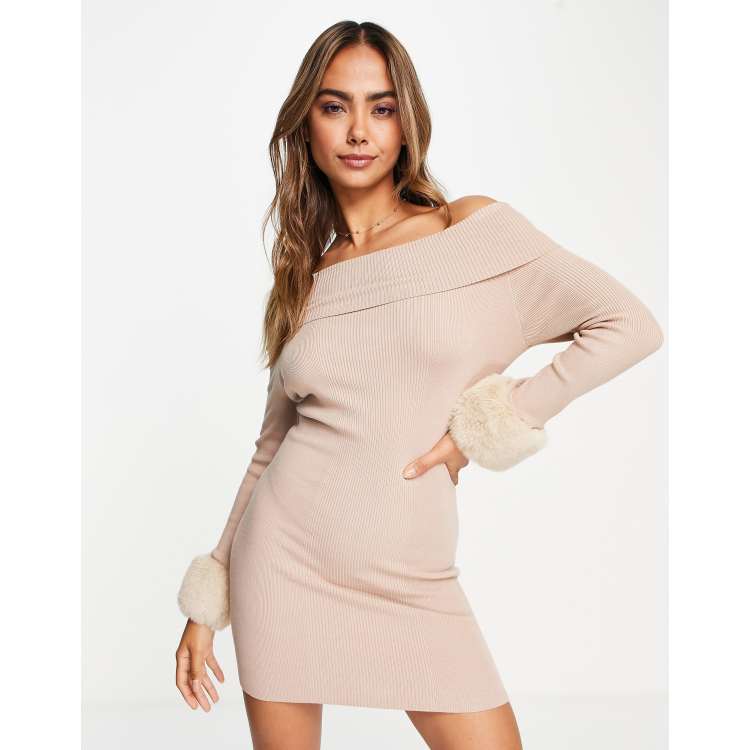 Miss Selfridge fold over knit rib bardot mini dress with faux fur cuff in camel