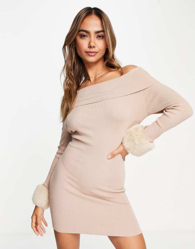 Miss Selfridge fold over knit rib bardot mini dress with faux fur cuff in camel