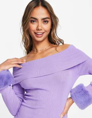 Miss Selfridge fold over knit ribbed bardot mini dress w faux fur cuff in  purple