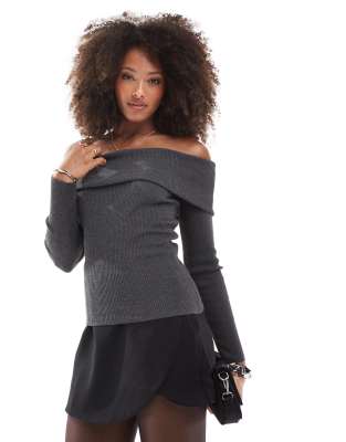 fold over knit ribbed bardot sweater in charcoal-Gray