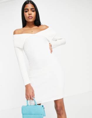Miss Selfridge Fold-over Rib Knit Mini Dress In Ivory-white ModeSens