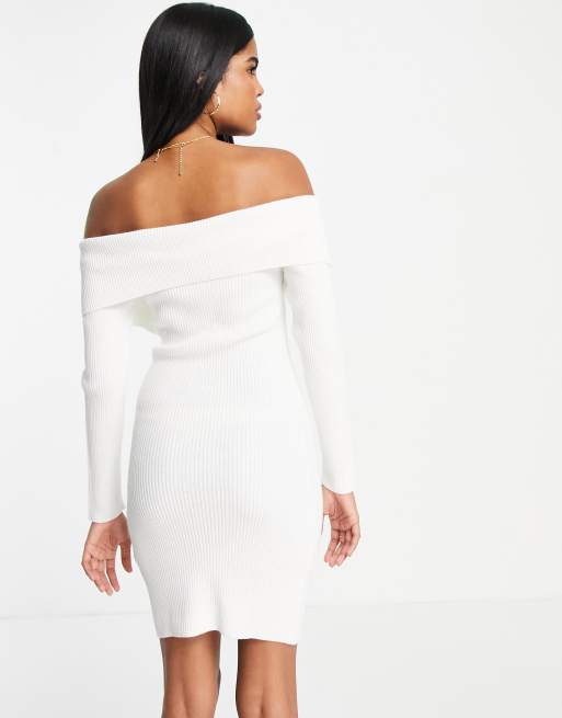 Miss Selfridge fold-over rib knit mini dress in ivory | ASOS