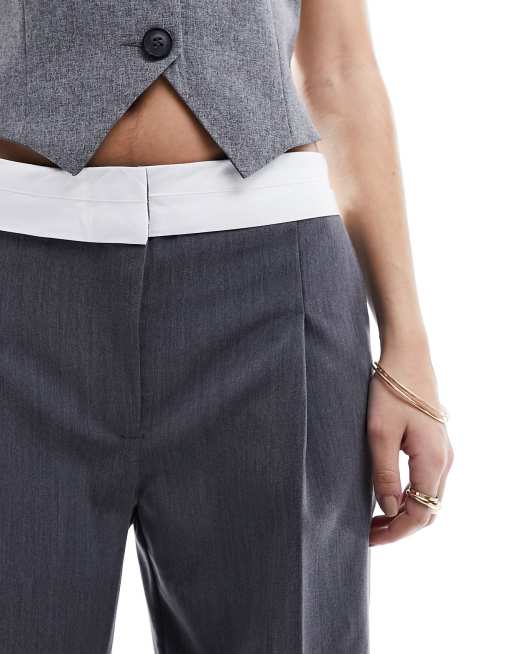 ASOS DESIGN asymmetric fold over waistband pants in gray