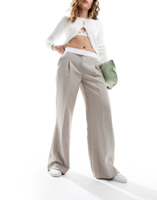 Plus Stone Linen Look Fold Over Wide Leg Pants