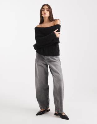 Miss Selfridge Foldover Eyelash Knit Off The Shoulder Sweater In Black