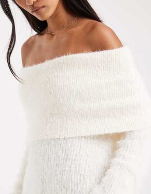 Miss Selfridge Foldover Eyelash Knit Off The Shoulder Sweater In White