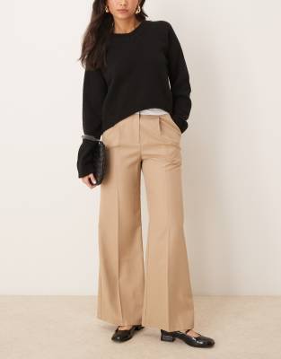 foldover waistband wide leg pants in tan-Brown