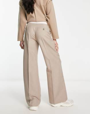 Miss Selfridge foldover waistband wide leg pants in taupe