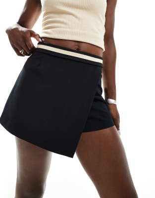 foldover waistband wrap front mini skort in black