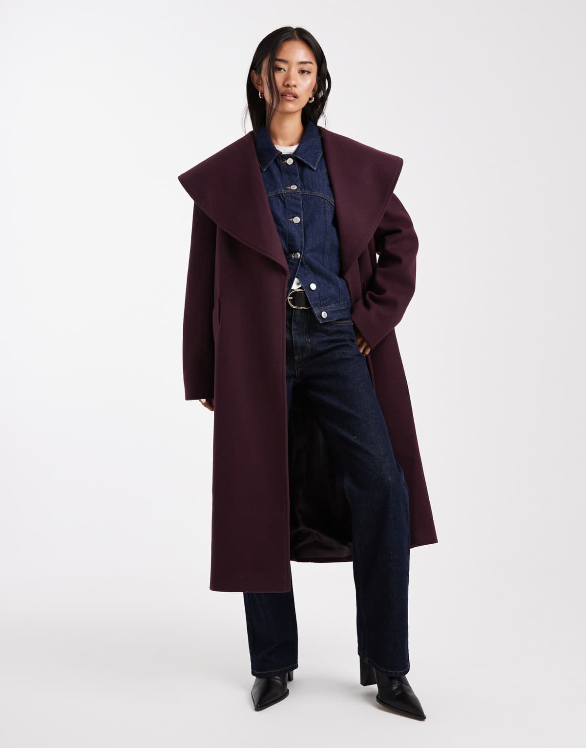 Miss Selfridge formal wrap coat in plum