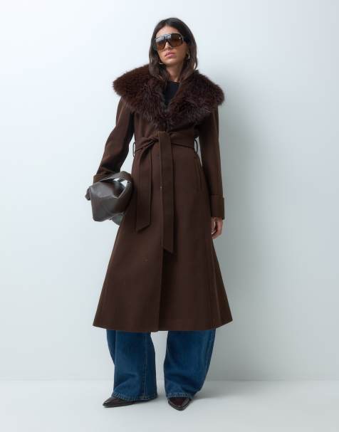 Miss Selfridge formal wrap coat with fur collar in chocolate - view 1
