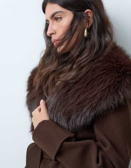 Miss Selfridge formal wrap coat with fur collar in chocolate, 2 of 5