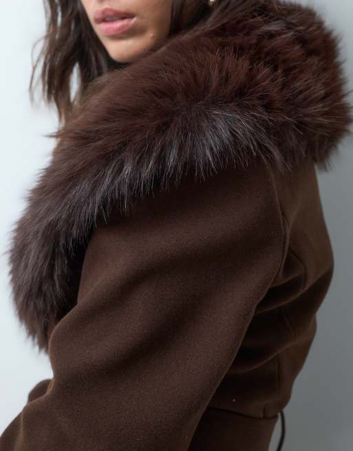 Miss Selfridge formal wrap coat with fur collar in chocolate, 5 of 5