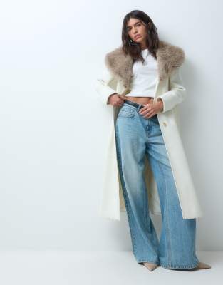 Miss Selfridge Formal Wrap Coat With Fur Collar In White