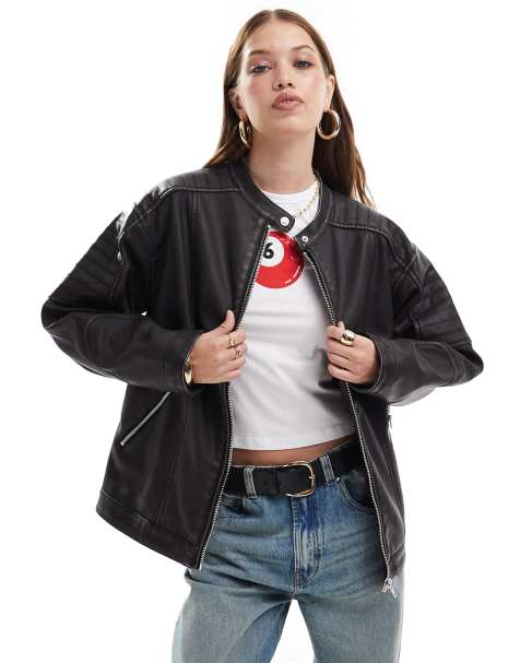 Miss Selfridge - Forvasket sort og longline biker-jakke - view 1