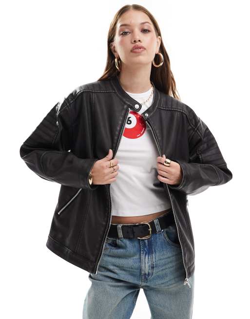 Miss Selfridge - Forvasket sort og longline biker-jakke