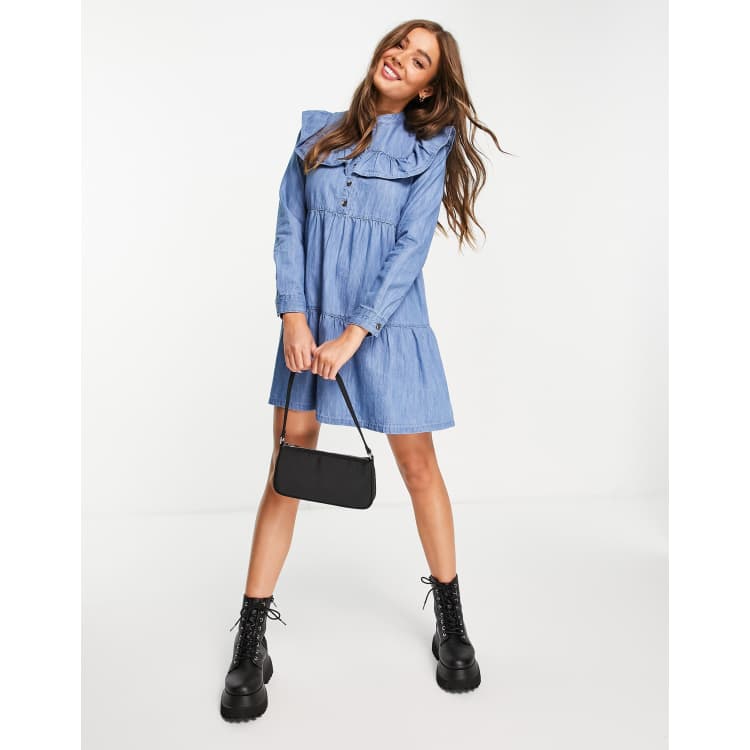 Miss Selfridge frill bib denim dress in midwash blue | ASOS