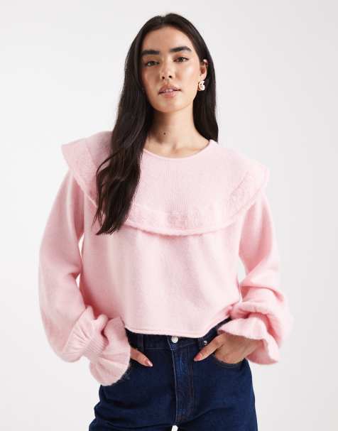Miss Selfridge frill collar balloon sleeve jumper in soft pink - view 1