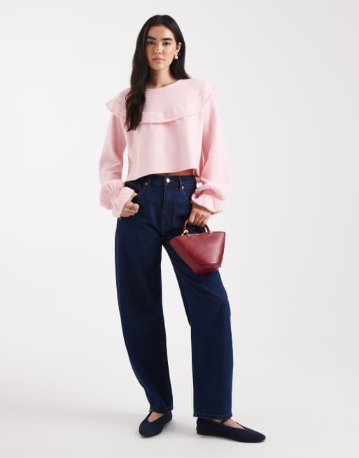 Miss Selfridge frill collar balloon sleeve jumper in soft pink, 2 of 4