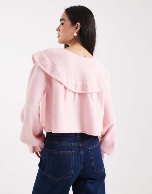 Miss Selfridge frill collar balloon sleeve jumper in soft pink, 3 of 4