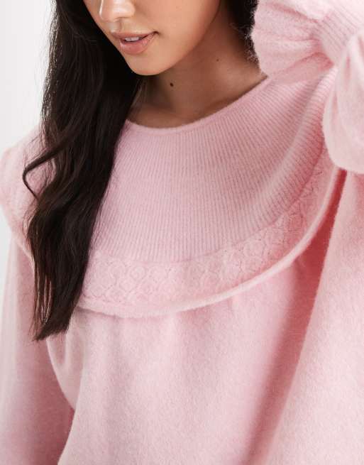 Miss Selfridge frill collar balloon sleeve jumper in soft pink, 4 of 4
