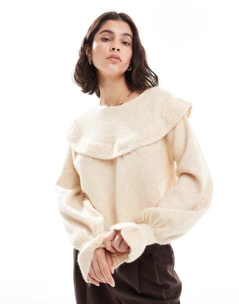 Miss Selfridge frill collar balloon sleeve sweater in cream - view 1