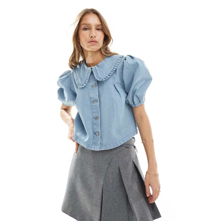 Miss Selfridge frill collar blouse in light blue wash | ASOS
