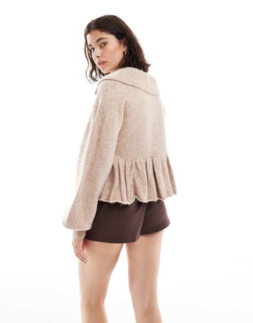 Miss Selfridge frill collar peplum hem cardigan in camel, 2 of 4