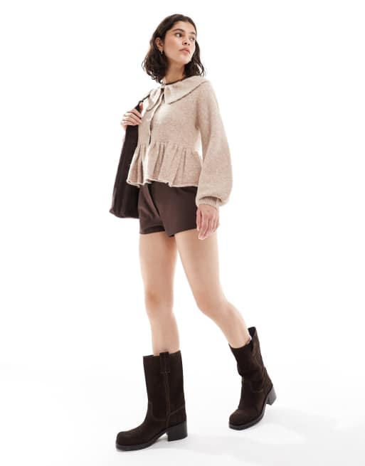 Miss Selfridge frill collar peplum hem cardigan in camel, 3 of 4