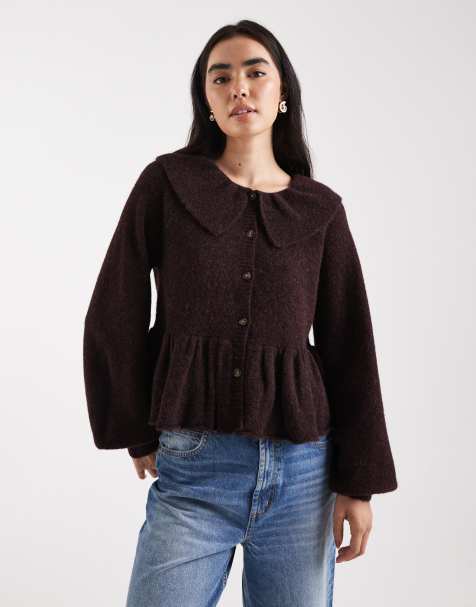 Miss Selfridge frill collar peplum hem cardigan in plum - view 1