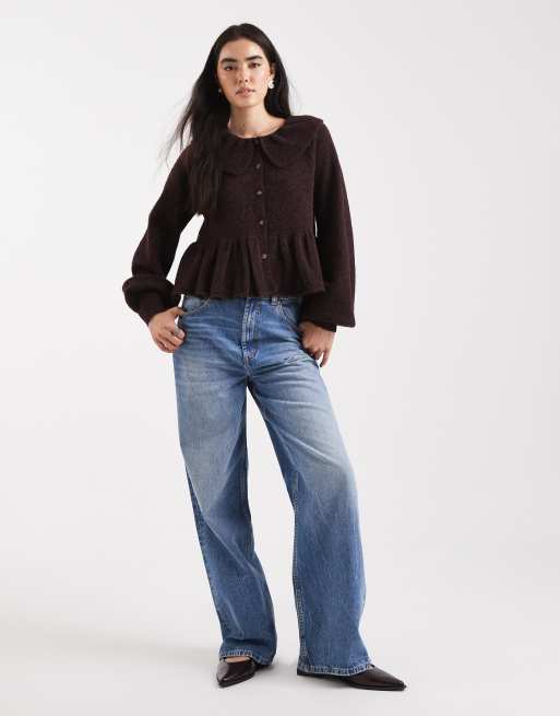 Miss Selfridge frill collar peplum hem cardigan in plum, 2 of 4