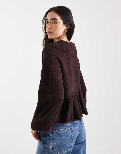 Miss Selfridge frill collar peplum hem cardigan in plum, 4 of 4
